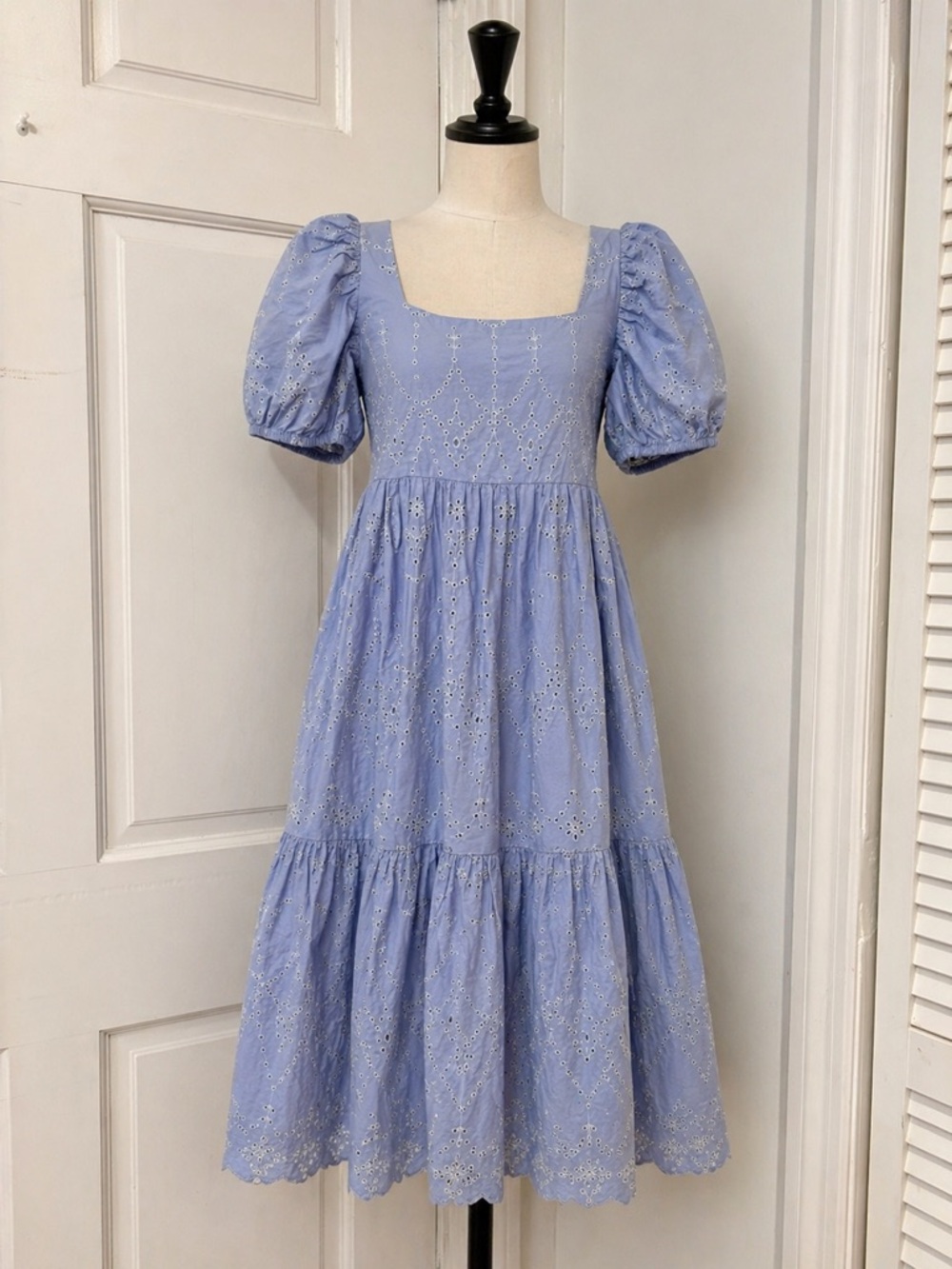 Primark Blue Eyelet Square Neck Puff Sleeve Midi Dress